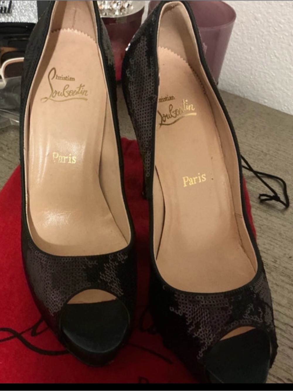 Christian Louboutin Black Sequin Peep-Toe Pumps - Picture 1 of 4